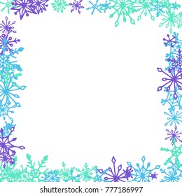 Winter Frame with Cute Doodle Snowflakes. Blue Christmas Background. Pretty New Year Background. Cute Vector Pattern for Card, Poster, Banner. Frosty Cartoon Snowflakes in Trendy Style