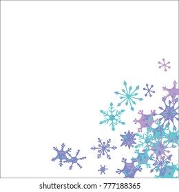 Winter Frame with Cute Doodle Snowflakes. Blue Christmas Background. Pretty New Year Background. Cute Vector Pattern for Card, Poster, Banner. Frosty Cartoon Snowflakes in Trendy Style