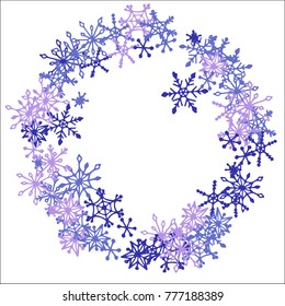 Winter Frame with Cute Doodle Snowflakes. Blue Christmas Background. Pretty New Year Background. Cute Vector Pattern for Card, Poster, Banner. Frosty Cartoon Snowflakes in Trendy Style