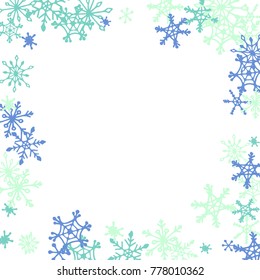 Winter Frame with Cute Doodle Snowflakes. Blue Christmas Background. Pretty New Year Background. Cute Vector Pattern for Card, Poster, Banner. Frosty Cartoon Snowflakes in Trendy Style