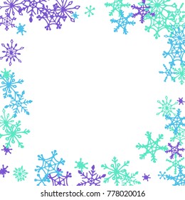 Winter Frame with Cute Doodle Snowflakes. Blue Christmas Background. Pretty New Year Background. Cute Vector Pattern for Card, Poster, Banner. Frosty Cartoon Snowflakes in Trendy Style