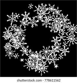 Winter Frame with Cute Doodle Snowflakes. Black and White Christmas Background. Pretty New Year Background. Cute Vector Pattern for Card, Poster, Banner. Frosty Cartoon Snowflakes in Trendy Style