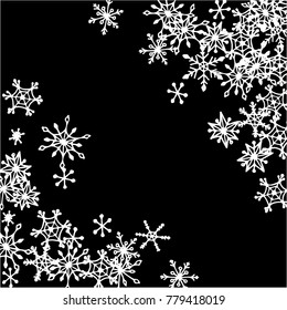 Winter Frame with Cute Doodle Snowflakes. Black and White Christmas Background. Pretty New Year Background. Cute Vector Pattern for Card, Poster, Banner. Frosty Cartoon Snowflakes in Trendy Style