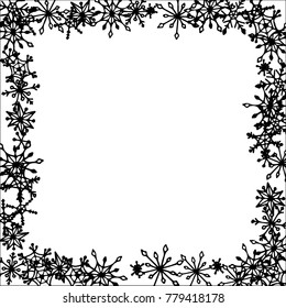Winter Frame with Cute Doodle Snowflakes. Black and White Christmas Background. Pretty New Year Background. Cute Vector Pattern for Card, Poster, Banner. Frosty Cartoon Snowflakes in Trendy Style