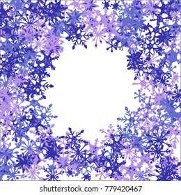 Winter Frame with Cute Doodle Snowflakes. Blue Christmas Background. Pretty New Year Background. Cute Vector Pattern for Card, Poster, Banner. Frosty Cartoon Snowflakes in Trendy Style