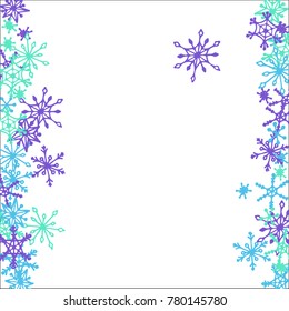 Winter Frame with Cute Doodle Snowflakes. Blue Christmas Background. Pretty New Year Background. Cute Vector Pattern for Card, Poster, Banner. Frosty Cartoon Snowflakes in Trendy Style