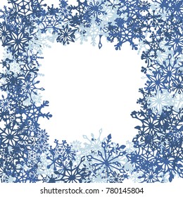 Winter Frame with Cute Doodle Snowflakes. Blue Christmas Background. Pretty New Year Background. Cute Vector Pattern for Card, Poster, Banner. Frosty Cartoon Snowflakes in Trendy Style
