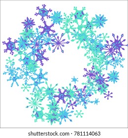 Winter Frame with Cute Doodle Snowflakes. Blue Christmas Background. Pretty New Year Background. Cute Vector Pattern for Card, Poster, Banner. Frosty Cartoon Snowflakes in Trendy Style