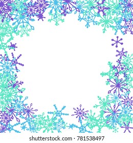 Winter Frame with Cute Doodle Snowflakes. Blue Christmas Background. Pretty New Year Background. Cute Vector Pattern for Card, Poster, Banner. Frosty Cartoon Snowflakes in Trendy Style