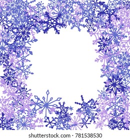 Winter Frame with Cute Doodle Snowflakes. Blue Christmas Background. Pretty New Year Background. Cute Vector Pattern for Card, Poster, Banner. Frosty Cartoon Snowflakes in Trendy Style
