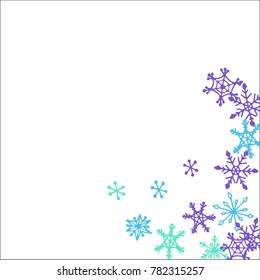 Winter Frame with Cute Doodle Snowflakes. Blue Christmas Background. Pretty New Year Background. Cute Vector Pattern for Card, Poster, Banner. Frosty Cartoon Snowflakes in Trendy Style