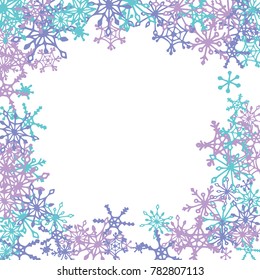 Winter Frame with Cute Doodle Snowflakes. Blue Christmas Background. Pretty New Year Background. Cute Vector Pattern for Card, Poster, Banner. Frosty Cartoon Snowflakes in Trendy Style