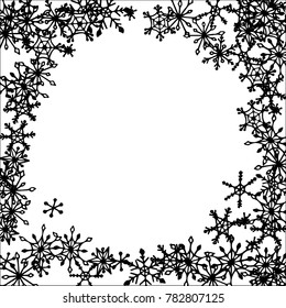 Winter Frame with Cute Doodle Snowflakes. Black and White Christmas Background. Pretty New Year Background. Cute Vector Pattern for Card, Poster, Banner. Frosty Cartoon Snowflakes in Trendy Style