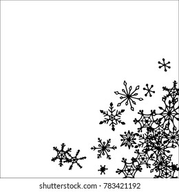 Winter Frame with Cute Doodle Snowflakes. Black and White Christmas Background. Pretty New Year Background. Cute Vector Pattern for Card, Poster, Banner. Frosty Cartoon Snowflakes in Trendy Style