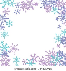 Winter Frame with Cute Doodle Snowflakes. Blue Christmas Background. Pretty New Year Background. Cute Vector Pattern for Card, Poster, Banner. Frosty Cartoon Snowflakes in Trendy Style