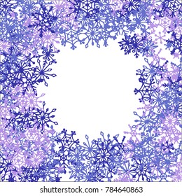 Winter Frame with Cute Doodle Snowflakes. Blue Christmas Background. Pretty New Year Background. Cute Vector Pattern for Card, Poster, Banner. Frosty Cartoon Snowflakes in Trendy Style