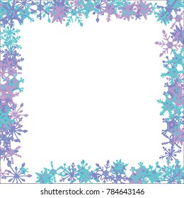 Winter Frame with Cute Doodle Snowflakes. Blue Christmas Background. Pretty New Year Background. Cute Vector Pattern for Card, Poster, Banner. Frosty Cartoon Snowflakes in Trendy Style