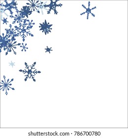 Winter Frame with Cute Doodle Snowflakes. Blue Christmas Background. Pretty New Year Background. Cute Vector Pattern for Card, Poster, Banner. Frosty Cartoon Snowflakes in Trendy Style