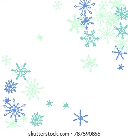 Winter Frame with Cute Doodle Snowflakes. Blue Christmas Background. Pretty New Year Background. Cute Vector Pattern for Card, Poster, Banner. Frosty Cartoon Snowflakes in Trendy Style