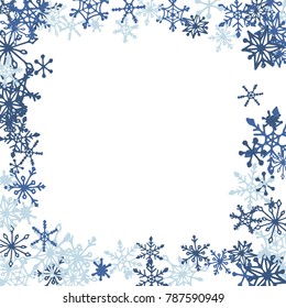Winter Frame with Cute Doodle Snowflakes. Blue Christmas Background. Pretty New Year Background. Cute Vector Pattern for Card, Poster, Banner. Frosty Cartoon Snowflakes in Trendy Style