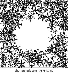 Winter Frame with Cute Doodle Snowflakes. Black and White Christmas Background. Pretty New Year Background. Cute Vector Pattern for Card, Poster, Banner. Frosty Cartoon Snowflakes in Trendy Style