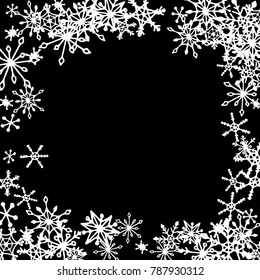 Winter Frame with Cute Doodle Snowflakes. Black and White Christmas Background. Pretty New Year Background. Cute Vector Pattern for Card, Poster, Banner. Frosty Cartoon Snowflakes in Trendy Style