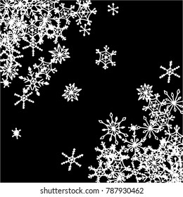 Winter Frame with Cute Doodle Snowflakes. Black and White Christmas Background. Pretty New Year Background. Cute Vector Pattern for Card, Poster, Banner. Frosty Cartoon Snowflakes in Trendy Style