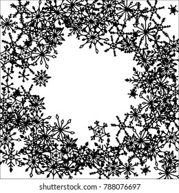 Winter Frame with Cute Doodle Snowflakes. Black and White Christmas Background. Pretty New Year Background. Cute Vector Pattern for Card, Poster, Banner. Frosty Cartoon Snowflakes in Trendy Style