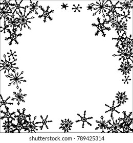 Winter Frame with Cute Doodle Snowflakes. Black and White Christmas Background. Pretty New Year Background. Cute Vector Pattern for Card, Poster, Banner. Frosty Cartoon Snowflakes in Trendy Style