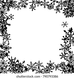 Winter Frame with Cute Doodle Snowflakes. Black and White Christmas Background. Pretty New Year Background. Cute Vector Pattern for Card, Poster, Banner. Frosty Cartoon Snowflakes in Trendy Style