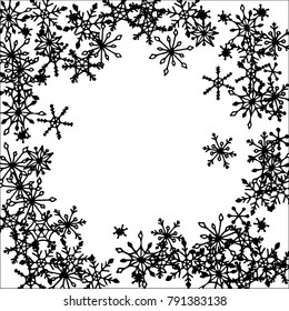 Winter Frame with Cute Doodle Snowflakes. Black and White Christmas Background. Pretty New Year Background. Cute Vector Pattern for Card, Poster, Banner. Frosty Cartoon Snowflakes in Trendy Style