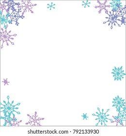 Winter Frame with Cute Doodle Snowflakes. Blue Christmas Background. Pretty New Year Background. Cute Vector Pattern for Card, Poster, Banner. Frosty Cartoon Snowflakes in Trendy Style