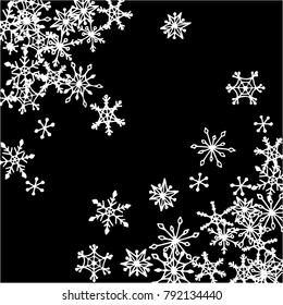 Winter Frame with Cute Doodle Snowflakes. Black and White Christmas Background. Pretty New Year Background. Cute Vector Pattern for Card, Poster, Banner. Frosty Cartoon Snowflakes in Trendy Style