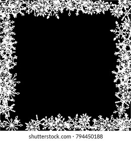 Winter Frame with Cute Doodle Snowflakes. Black and White Christmas Background. Pretty New Year Background. Cute Vector Pattern for Card, Poster, Banner. Frosty Cartoon Snowflakes in Trendy Style