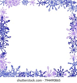 Winter Frame with Cute Doodle Snowflakes. Blue Christmas Background. Pretty New Year Background. Cute Vector Pattern for Card, Poster, Banner. Frosty Cartoon Snowflakes in Trendy Style