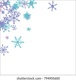 Winter Frame with Cute Doodle Snowflakes. Blue Christmas Background. Pretty New Year Background. Cute Vector Pattern for Card, Poster, Banner. Frosty Cartoon Snowflakes in Trendy Style