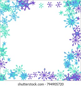 Winter Frame with Cute Doodle Snowflakes. Blue Christmas Background. Pretty New Year Background. Cute Vector Pattern for Card, Poster, Banner. Frosty Cartoon Snowflakes in Trendy Style