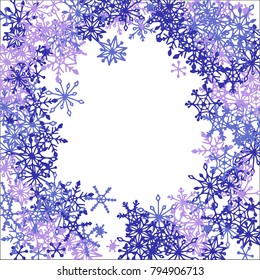 Winter Frame with Cute Doodle Snowflakes. Blue Christmas Background. Pretty New Year Background. Cute Vector Pattern for Card, Poster, Banner. Frosty Cartoon Snowflakes in Trendy Style