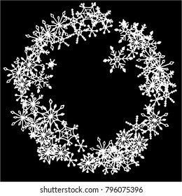 Winter Frame with Cute Doodle Snowflakes. Black and White Christmas Background. Pretty New Year Background. Cute Vector Pattern for Card, Poster, Banner. Frosty Cartoon Snowflakes in Trendy Style