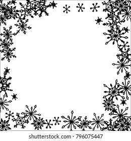 Winter Frame with Cute Doodle Snowflakes. Black and White Christmas Background. Pretty New Year Background. Cute Vector Pattern for Card, Poster, Banner. Frosty Cartoon Snowflakes in Trendy Style