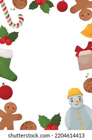 Winter Frame Design, Christmas Post Card. Merry Christmas Banner, Poster, Advertising, Decoration, Invitation Card. Snowman, Sock, Gift, Bell, Cookies, Snowball, Candy Cane, Holly, Gingerbread Man
