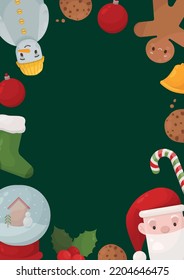 Diseño del marco invernal, tarjeta postal de Navidad. Cartel de Navidad de Feliz, Afiche, Publicidad, Diseño y Decoración, Tarjeta de Invitación. Hombre de pan de jengibre, bastón de caramelo, bola de nieve, Santa Claus, árbol de Navidad, Holly