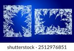 Winter frame with frosted patterns . White ice crystals design texture freeze winter window. Vector empty celebration border