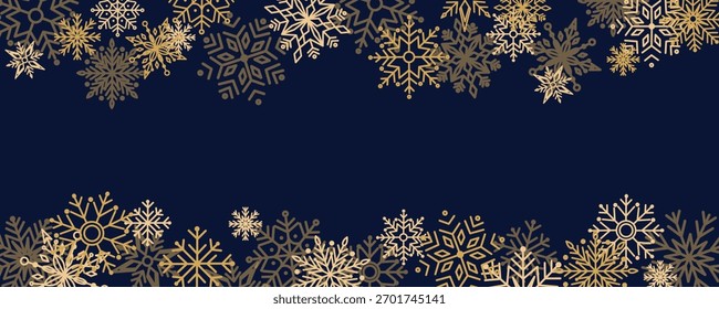 Marco de invierno con copos de nieve dorados y marrones sobre un fondo azul oscuro. Un marco helado elegante para las Navidades y las tarjetas del año Nuevo.