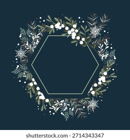 Winterrahmen. Grüne Kiefernzweige und weiße Beeren. Vektorgrafik. Grußkartenvorlage für Naturdesign. Winterferien.