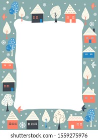 Winter frame of houses, trees snow and birds
