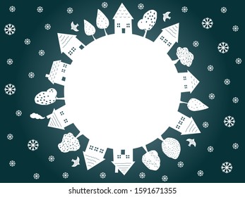 Winter frame of houses, trees, snowflakes and birds
