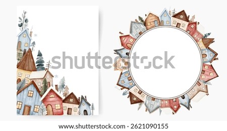 Winter frame with houses for your design, template. Set of templates with scandinavian houses. Place for text