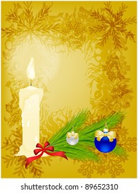 Winter frame with pine branch, balls and burning candle