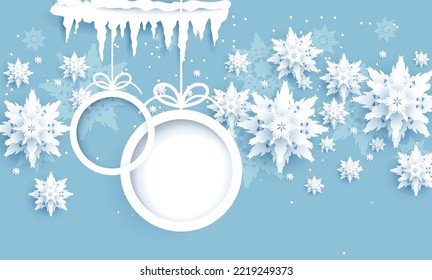 Marco invernal. Banner de papel realista cortado con burbujas y copos de nieve. Fondo estacional de invierno con espacio para texto.